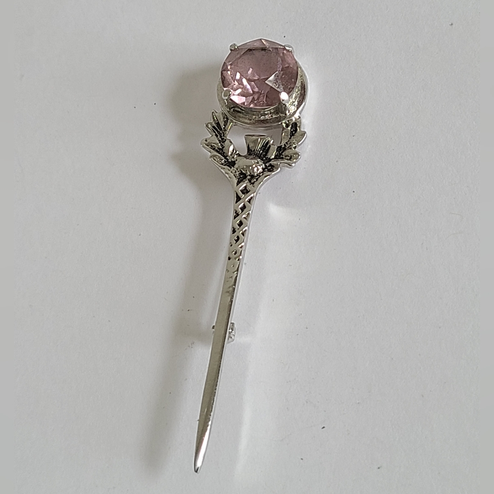 Vintage Silver Tone Pink Amethyst Glass Scottish Thistle Sword Kilt Brooch Pin
